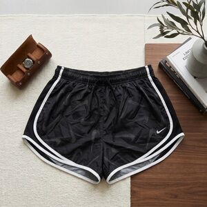 Nike Women’s Black Athletic Shorts with White Trim and Swoosh Print